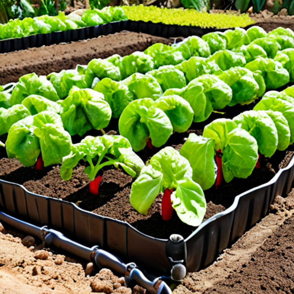 **A lush, green vegetable garden in Portugal. Focus on healthy soil with visible compost and a drip irrigation system in place. Close-up of vibrant, ripe vegetables growing.** (This image emphasizes soil health and efficient irrigation).