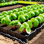 **A lush, green vegetable garden in Portugal. Focus on healthy soil with visible compost and a drip irrigation system in place. Close-up of vibrant, ripe vegetables growing.** (This image emphasizes soil health and efficient irrigation).