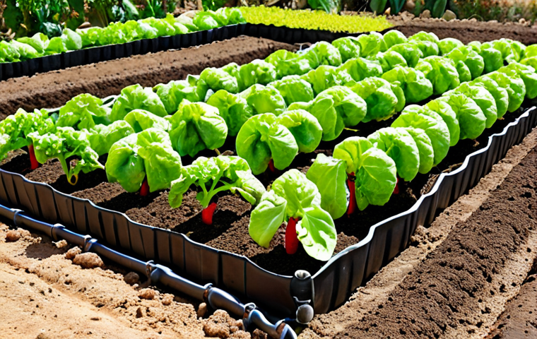 **A lush, green vegetable garden in Portugal. Focus on healthy soil with visible compost and a drip irrigation system in place. Close-up of vibrant, ripe vegetables growing.** (This image emphasizes soil health and efficient irrigation).