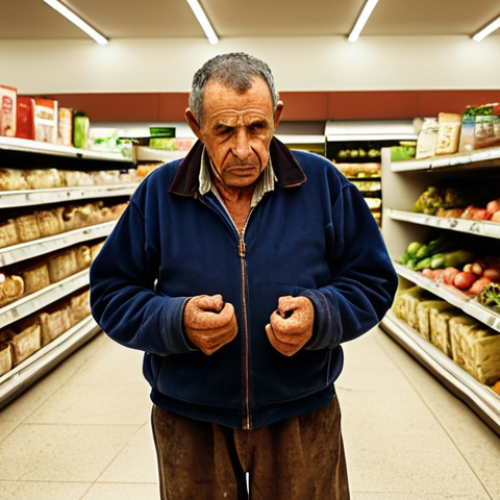 Home 28 **Prompt:** A Portuguese farmer, aged with calloused hands, looks with a sense of weariness at a gleaming supermarket shelf displaying overpriced, generic produce. In the blurred background, his small, modest farm is visible under a warm, melancholic sun, symbolizing the vast disconnect and the struggle against the complex, profit-driven traditional supply chain. Focus on the emotional burden and the stark contrast between the farmer's hard work and the system's unfairness. Rural, Portuguese landscape, realistic, muted colors for the supermarket interior, warm but desaturated tones for the farm.