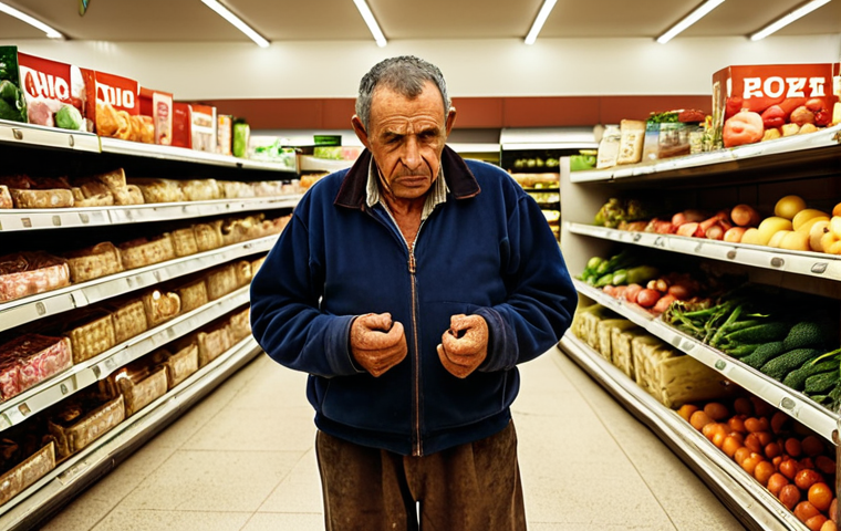 **Prompt:** A Portuguese farmer, aged with calloused hands, looks with a sense of weariness at a gleaming supermarket shelf displaying overpriced, generic produce. In the blurred background, his small, modest farm is visible under a warm, melancholic sun, symbolizing the vast disconnect and the struggle against the complex, profit-driven traditional supply chain. Focus on the emotional burden and the stark contrast between the farmer's hard work and the system's unfairness. Rural, Portuguese landscape, realistic, muted colors for the supermarket interior, warm but desaturated tones for the farm.