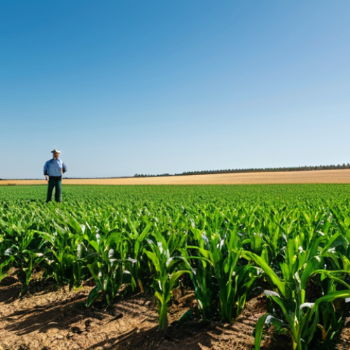 Home 27 A vibrant agricultural landscape in the Alentejo region, showcasing resilient crops like drought-tolerant corn and heat-resistant wheat. Fields are a lush green under a clear sky, with subtle hints of modern precision agriculture technology, such as ground sensors or a distant drone. A professional agronomist, fully clothed in modest attire, is observing the healthy plants, emphasizing sustainable practices. Perfect anatomy, correct proportions, natural pose, well-formed hands, proper finger count, natural body proportions, safe for work, appropriate content, family-friendly, high-quality professional photography, ultra-detailed, volumetric lighting.