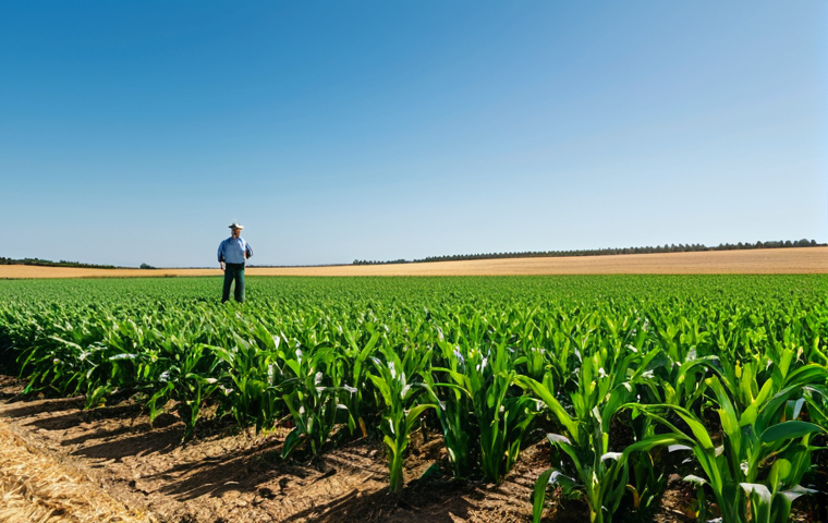 A vibrant agricultural landscape in the Alentejo region, showcasing resilient crops like drought-tolerant corn and heat-resistant wheat. Fields are a lush green under a clear sky, with subtle hints of modern precision agriculture technology, such as ground sensors or a distant drone. A professional agronomist, fully clothed in modest attire, is observing the healthy plants, emphasizing sustainable practices. Perfect anatomy, correct proportions, natural pose, well-formed hands, proper finger count, natural body proportions, safe for work, appropriate content, family-friendly, high-quality professional photography, ultra-detailed, volumetric lighting.