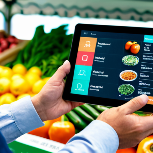 Home 26 A professional agricultural expert, fully clothed in modest, appropriate attire, standing confidently next to a vibrant display of fresh produce at a modern, clean farmer's market. One hand holds a tablet displaying a clear, digital blockchain ledger showing the traceability of the food from farm to consumer. The background features blurred market activity, highlighting freshness and trust. Perfect anatomy, correct proportions, natural pose, well-formed hands, proper finger count, natural body proportions. Professional photography, high quality, studio lighting, soft focus, safe for work, appropriate content, family-friendly.