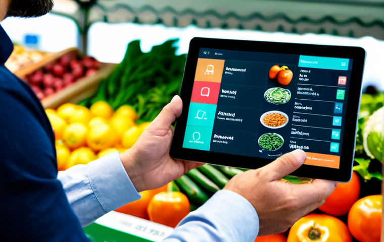 A professional agricultural expert, fully clothed in modest, appropriate attire, standing confidently next to a vibrant display of fresh produce at a modern, clean farmer's market. One hand holds a tablet displaying a clear, digital blockchain ledger showing the traceability of the food from farm to consumer. The background features blurred market activity, highlighting freshness and trust. Perfect anatomy, correct proportions, natural pose, well-formed hands, proper finger count, natural body proportions. Professional photography, high quality, studio lighting, soft focus, safe for work, appropriate content, family-friendly.