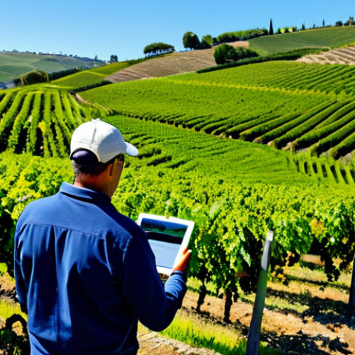 Home 12 Drone Mapping**
"A drone flying over a lush green vineyard in Portugal, capturing multispectral data. The drone is equipped with advanced sensors. Rolling hills in the background. Clear blue sky. Focus on technological innovation in agriculture. Fully clothed farmers inspecting data on tablets in the foreground. Safe for work, appropriate content, professional, perfect anatomy, correct proportions, natural pose, high quality."
**