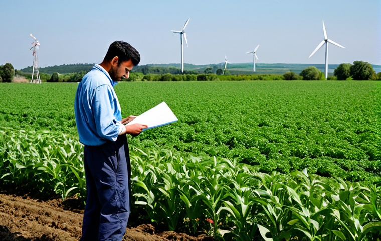 농업 지속 가능 정책 분석 - Sustainable Farming Transition**

A farmer, fully clothed in work attire, examining healthy crops in...