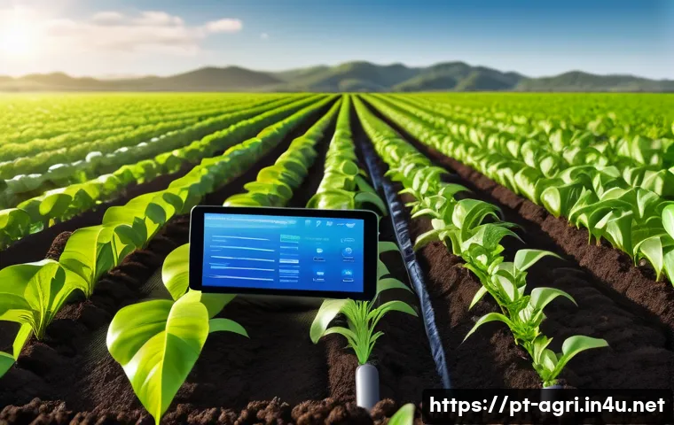 농업 생산 비용 절감 기술 - A modern Brazilian farm scene showcasing an automated drip irrigation system with visible soil moist...