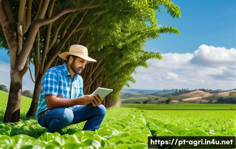 농업과 사물인터넷 IoT - A modern Brazilian family farm landscape featuring advanced soil sensors installed in the ground, vi...