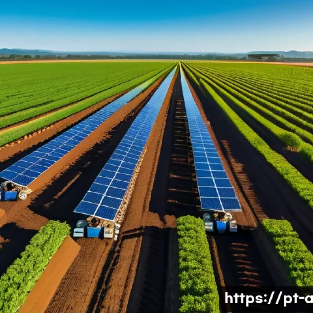 농업 로봇 개발 - A modern agricultural field in Brazil at golden hour, featuring advanced autonomous farming robots e...