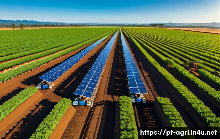 농업 로봇 개발 - A modern agricultural field in Brazil at golden hour, featuring advanced autonomous farming robots e...