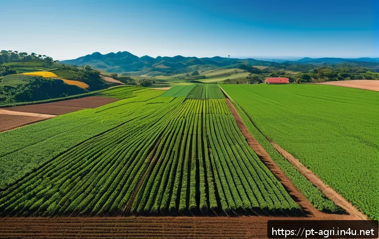 농업 환경 보호 기술 연구 - A modern Brazilian farm landscape featuring precision agriculture technology: a large field with hea...