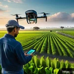Home 23 농업 빅데이터 클라우드 활용 - A high-tech Brazilian farm landscape at sunrise, featuring a farmer using a smartphone app with deta...