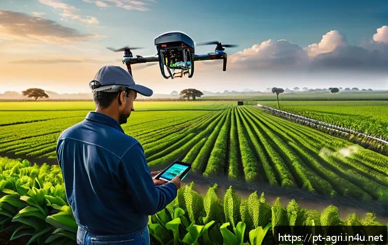 농업 빅데이터 클라우드 활용 - A high-tech Brazilian farm landscape at sunrise, featuring a farmer using a smartphone app with deta...