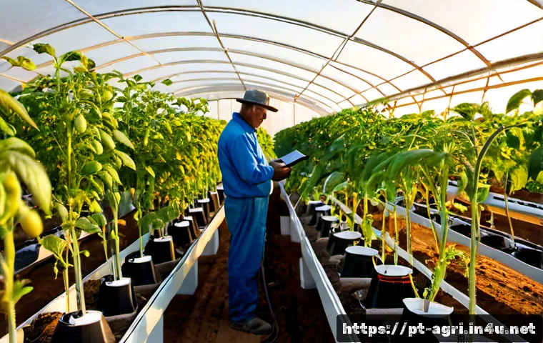 농업 에너지 절약 기술 - Photorealistic wide view of a modern Portuguese greenhouse at sunrise, rows of healthy tomato plants...