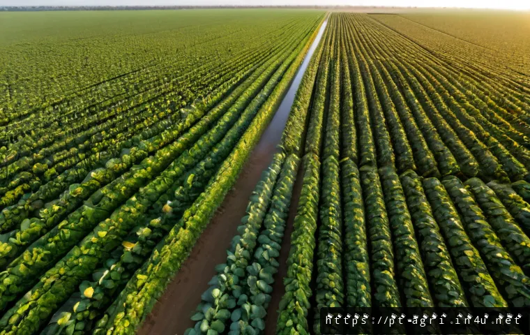 Home 17 농업 원격 센싱 활용 - Photorealistic aerial view of a large Brazilian soybean farm in Mato Grosso, showing healthy green c...