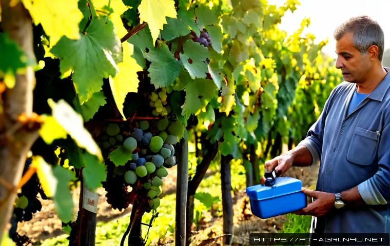 작물 보호제 종류 - Photorealistic agricultural comparison scene in a Portuguese vineyard at early morning, a middle-age...