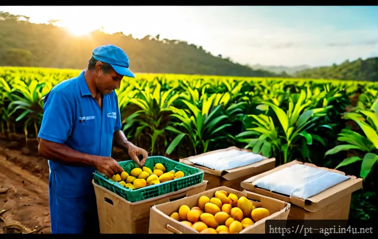 농업 환경 친화적 포장재 - Photorealistic Brazilian organic farm harvest scene, a middle-aged farmer in practical work clothes ...